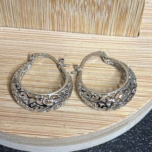 Retro Y2K ATI CN Silver Tone Filigree Dangle Hoop Earrings